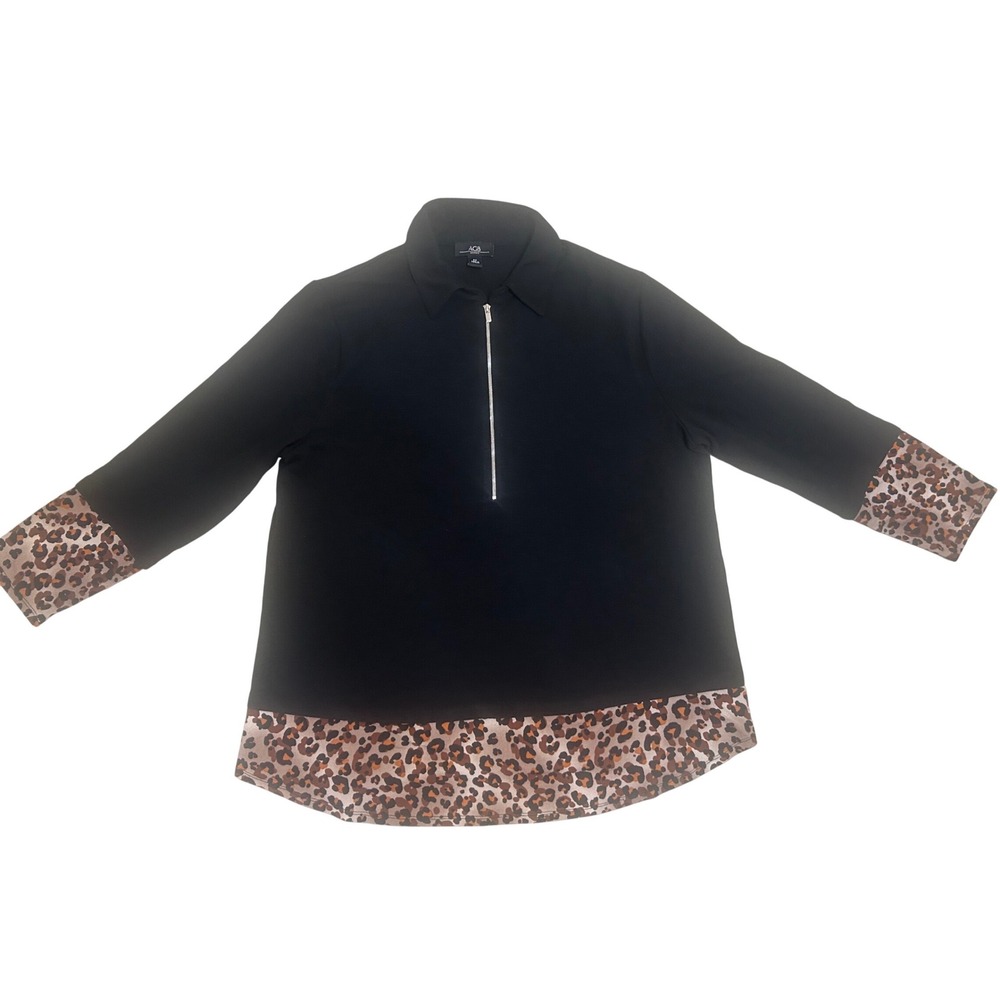 AGB Woman Blouse Women 2X Black Excellence Leopard Trim Zip Neck 3437L18